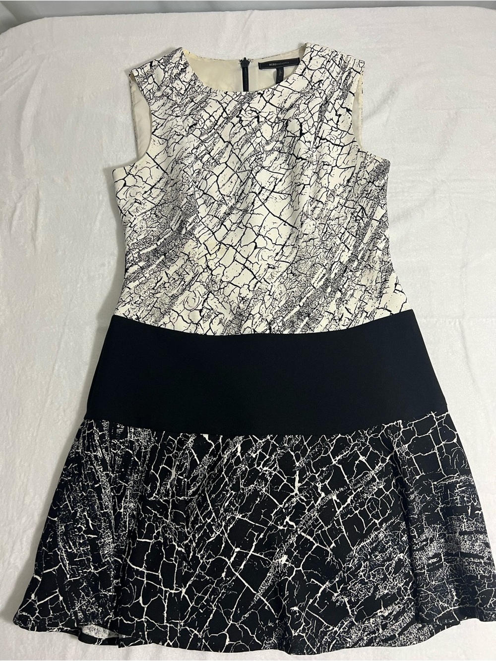 BCBGMaxAzria Black and White Patterned Fit-and-Flare Dress